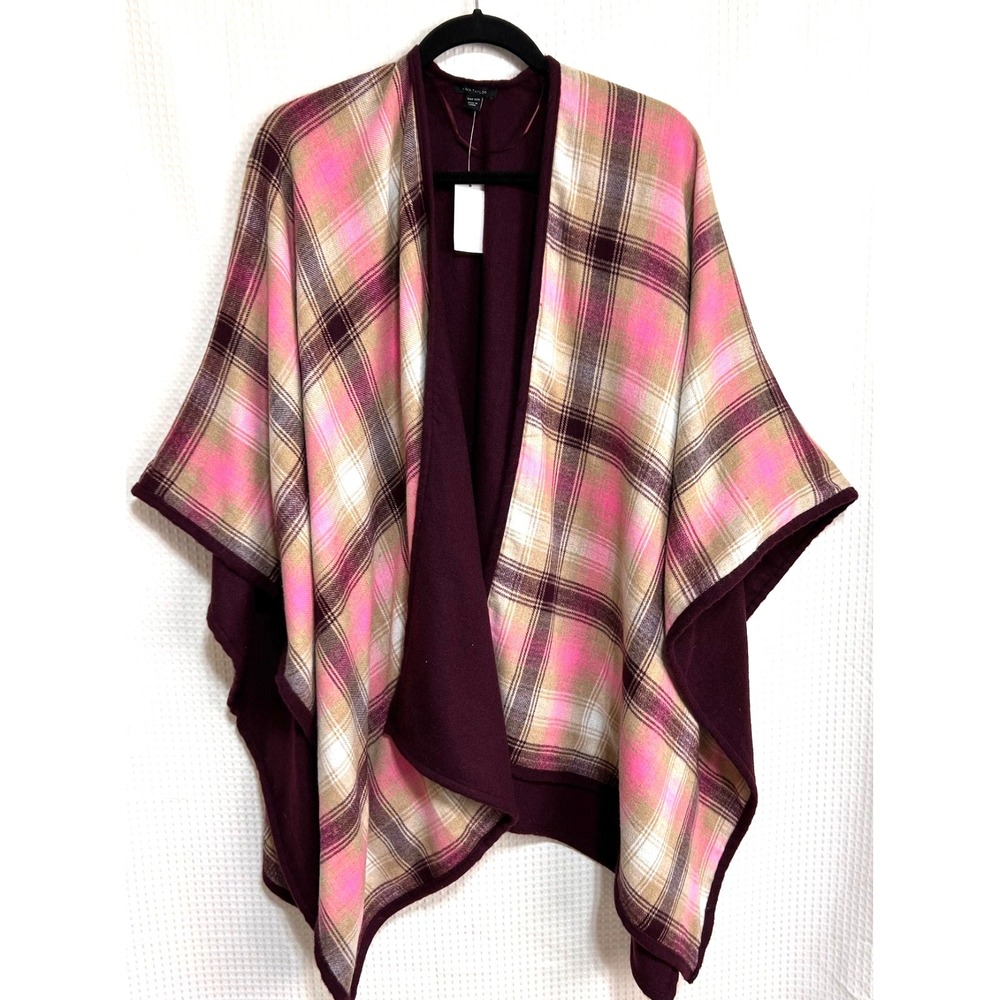 NWT Ann Taylor Plaid Tartan Poly Wool Blend Poncho Women's Sweater Wrap OS